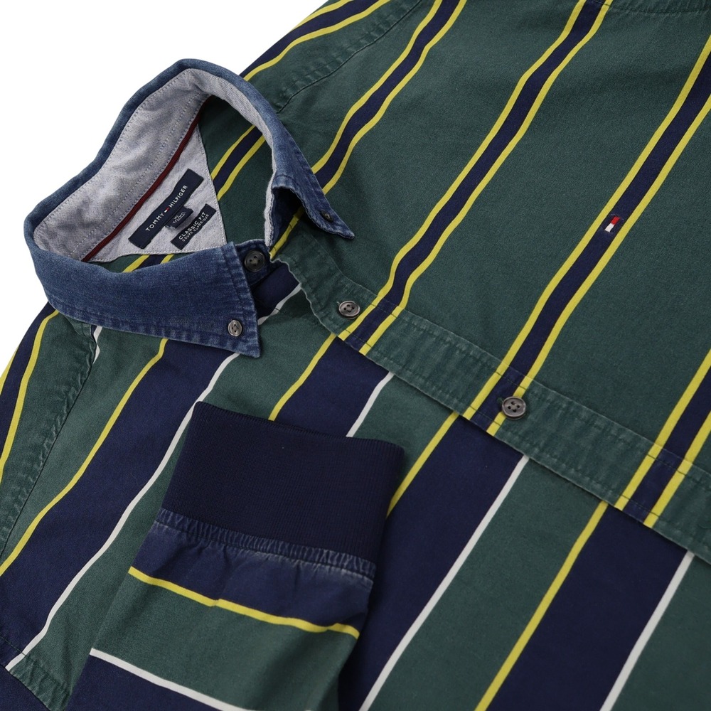 Tommy Hilfiger Mens XL Green Striped Button Down Shirt Denim Collar Ribbed Cuffs